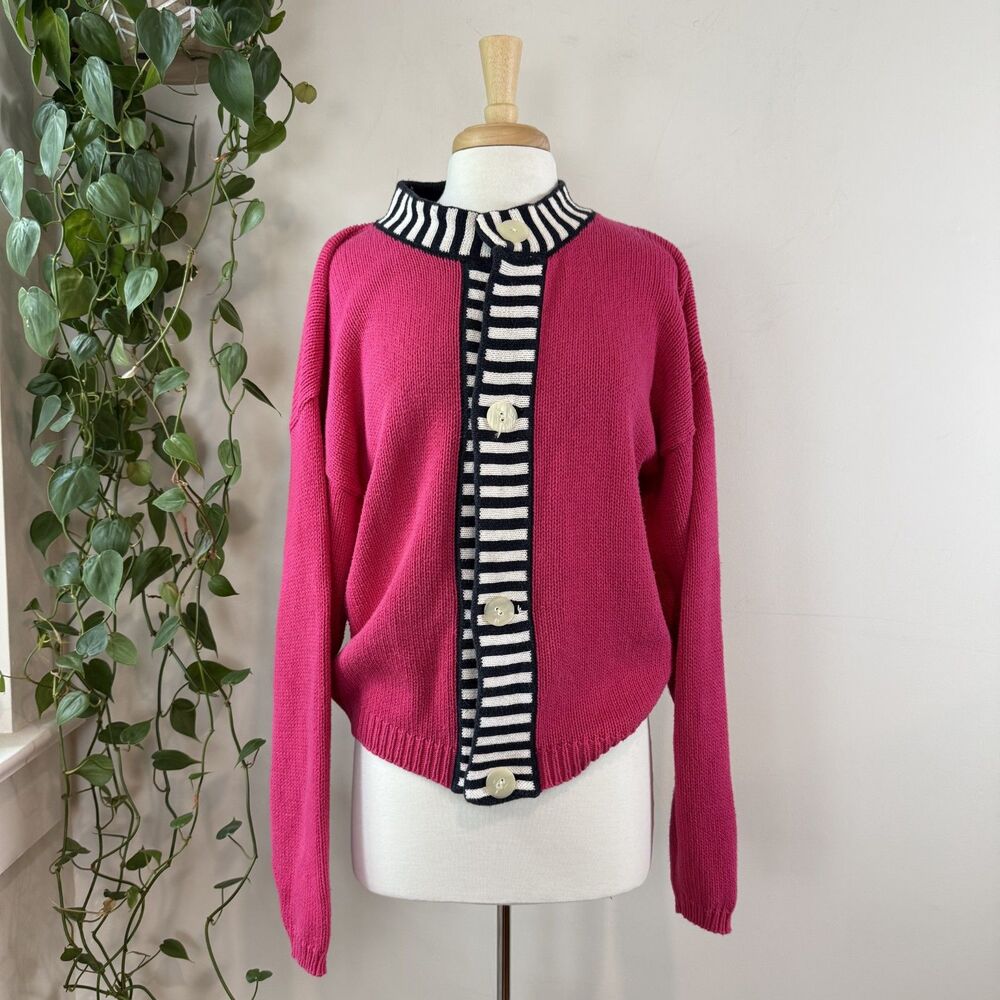 Vintage Harolds Chunky Preppy Striped Trim Cardigan Sweater | M, Pink Mock Neck